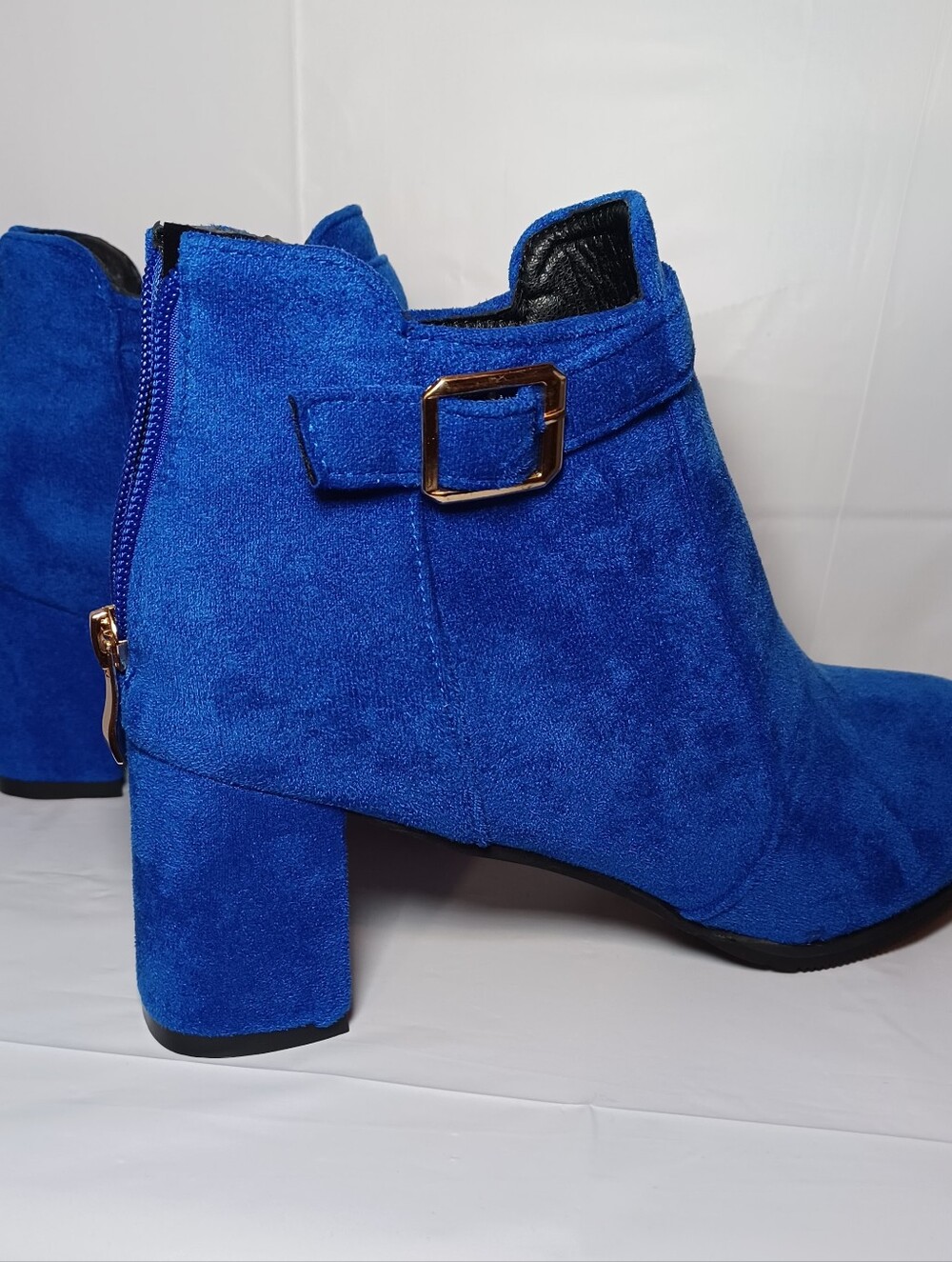 Women's Blue (Faux) Suede Block Heel Ankle Boots, Side Buckle, Zips Up In Back